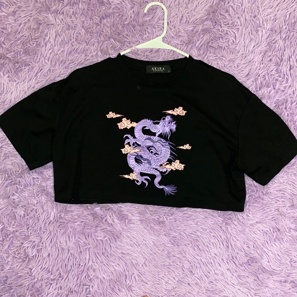 Black crop top with purple dragon and pink clouds